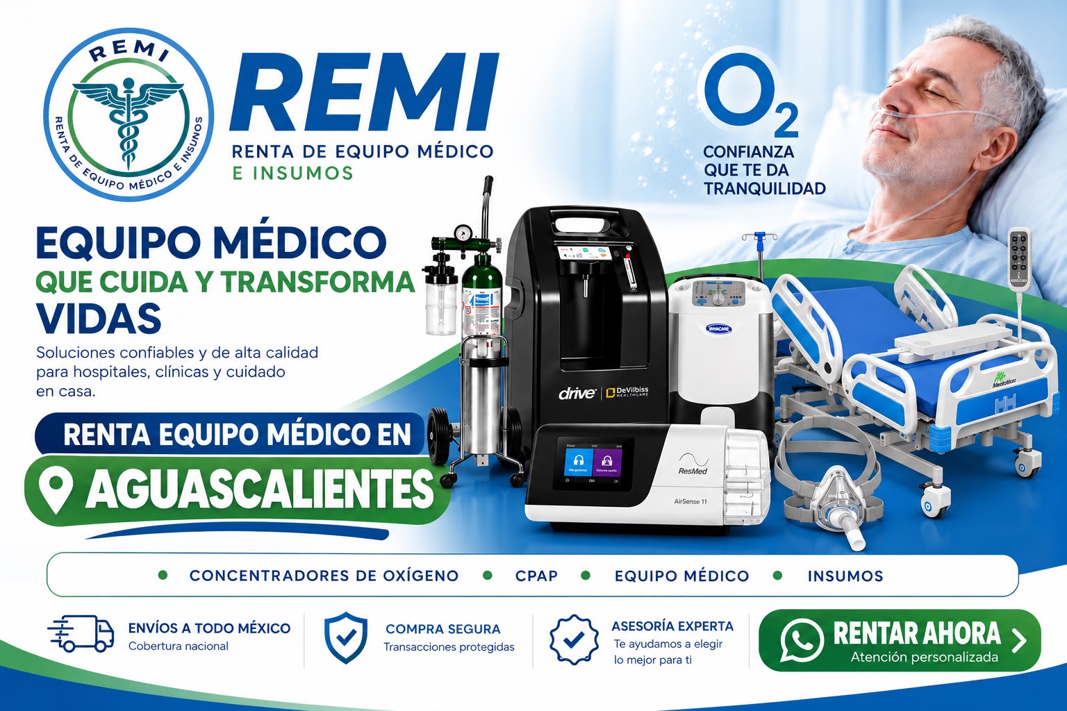 REMI, renta de equipo médico e insumos en Aguascalientes: concentradores de oxígeno, CPAP, camas hospitalarias y tanques. Envíos a todo México.