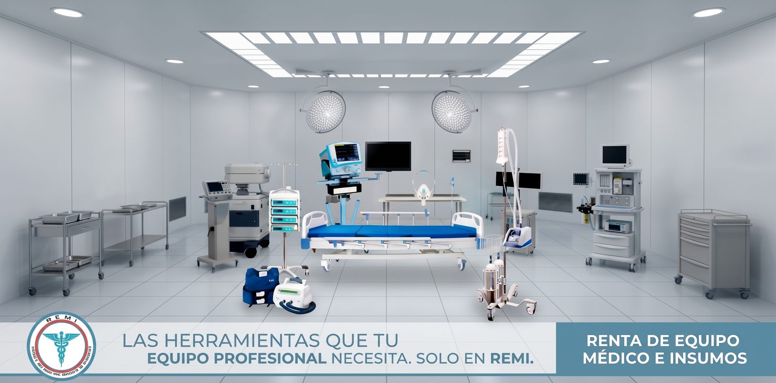 Quirófano equipado con cama hospitalaria, ventilador, monitores y carros de curación. Texto: las herramientas que tu equipo profesional necesita, solo en REMI. Renta de equipo médico e insumos.